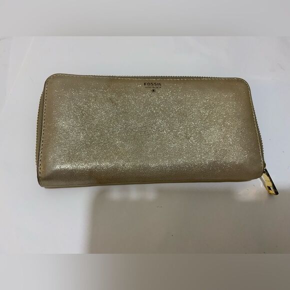 Fossil Gold Metallic Coated Leather Zip Around Wallet Clutch - Picture 1 of 10
